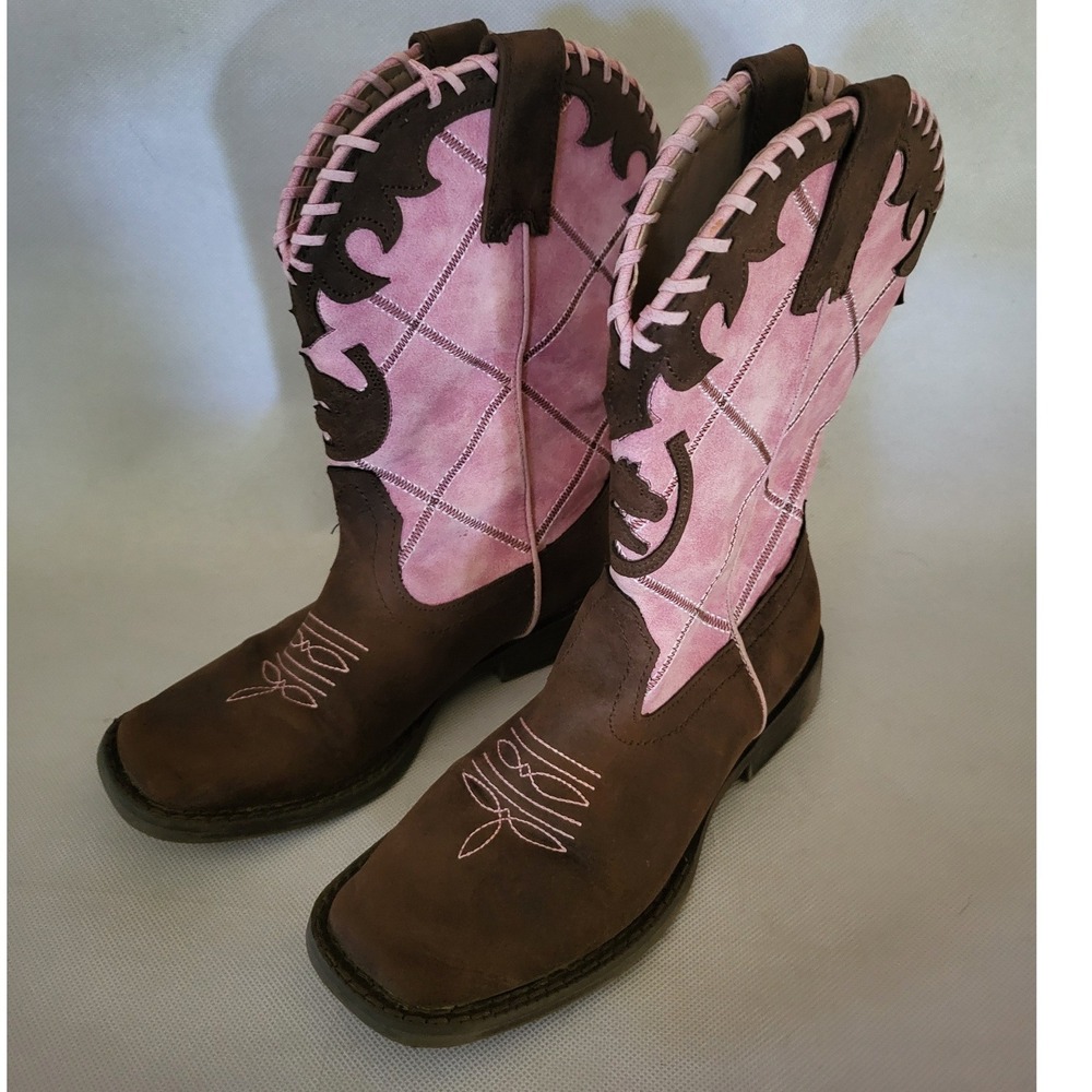 Roper Kids Pink and Brown Western Cowboy Boots Square Toe Size 1 equestrian